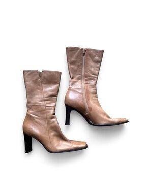 Vintage Nine West Women's Mid-Calf Tan Leather Heeled Boots
